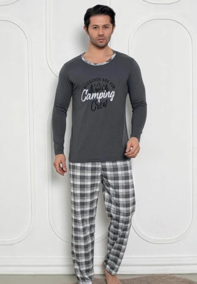 Pijama bărbați gri închis – pantaloni și mâneci lungi, print Camping Crew