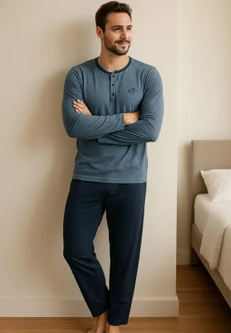 Pijama albastru deschis – bărbat, mânecă lungă, pantalon lung, bumbac