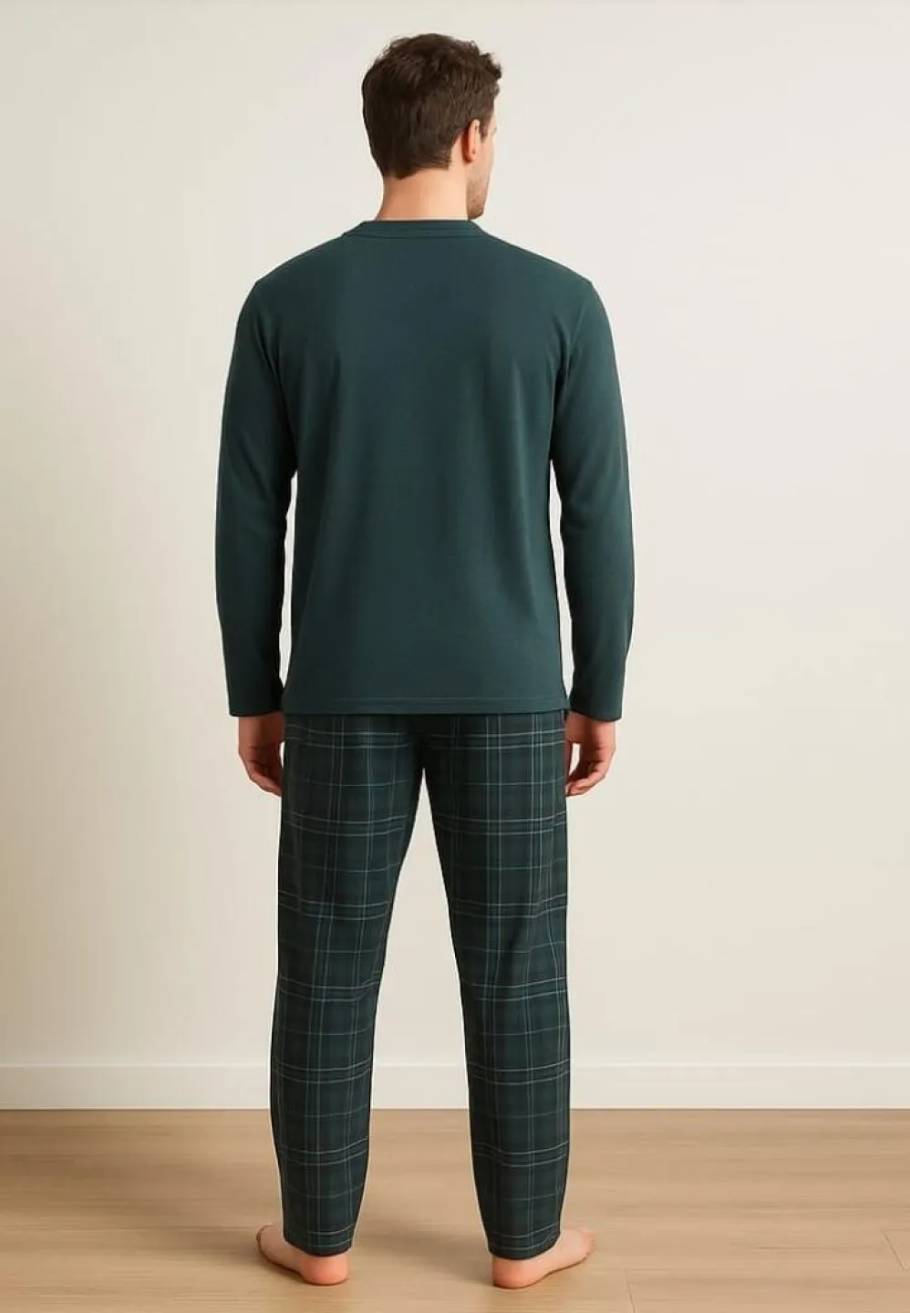 Pijama bărbat – bumbac natural, mânecă lungă, pantalon lung, verde - 2