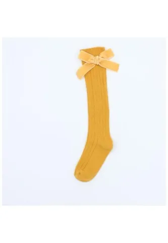 Șosete 3/4 pentru fete, galben cu fundiță delicată hover