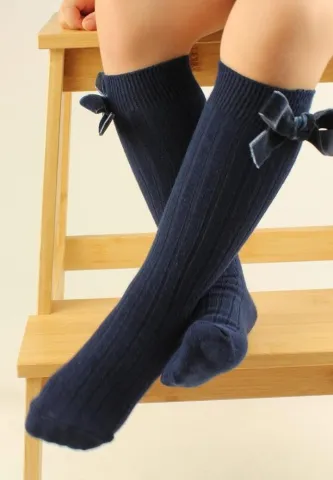 Șosete 3/4 fetițe din bumbac, cu fundiță decorativă, culoare bleumarin