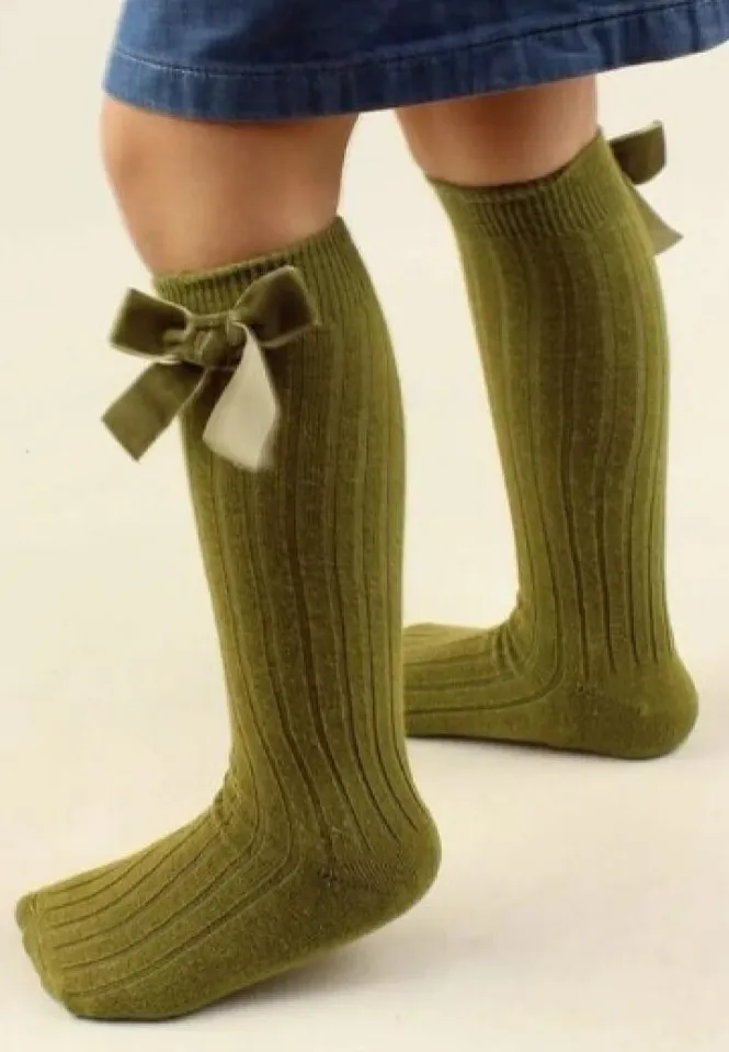 Șosete elegante fetițe 3/4 din bumbac, fundiță decorativă, culoare kaki
