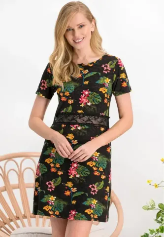 Rochie Damă cu Dantelă și Imprimeu Floral Decorativ