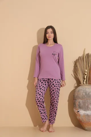 Pijama damă mov cu imprimeu de inimioare și pantaloni lungi comozi floral