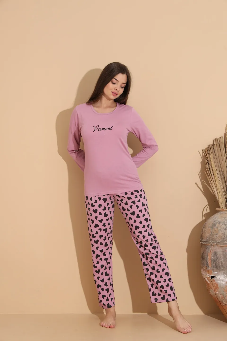 Pijama damă mov cu imprimeu vesel „VERMONT” și pantaloni lungi comozi - 1