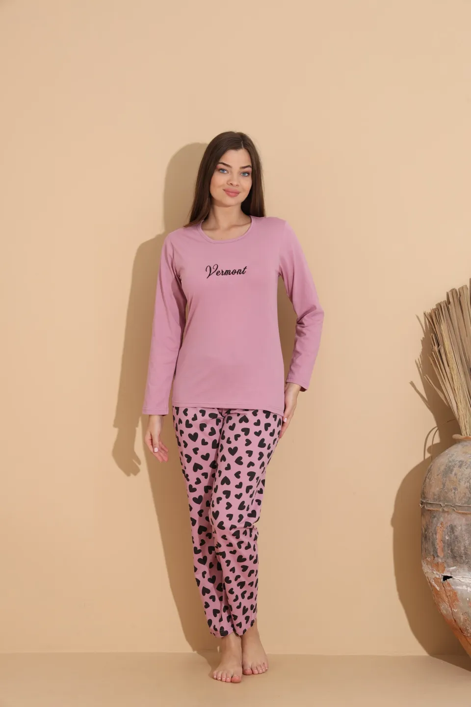 Pijama damă mov cu imprimeu vesel „VERMONT” și pantaloni lungi comozi - 3