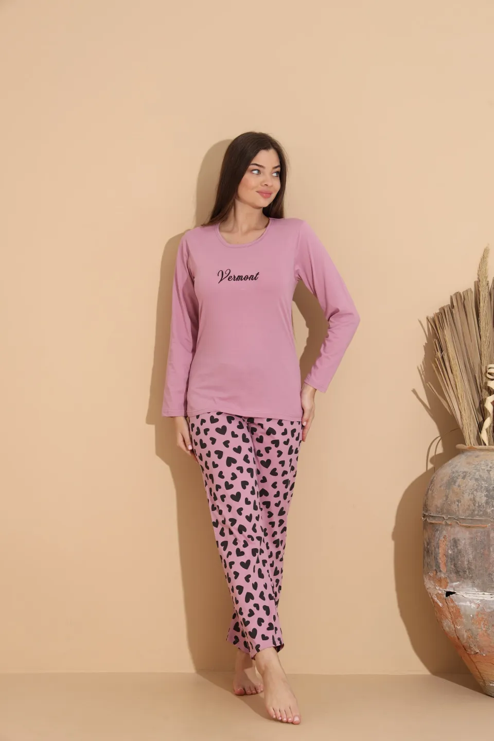 Pijama damă mov cu imprimeu vesel „VERMONT” și pantaloni lungi comozi - 4