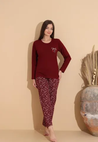 Pijama damă bordo – model „You Can M”, mânecă lungă și pantaloni lungi