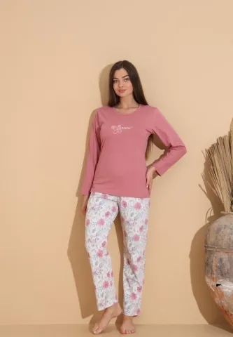 Pijama damă roz prăfuit, cu pantaloni imprimeu floral și bluză „Flowers”