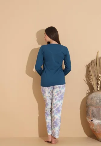 Pijama damă cu pantaloni cu imprimeu floral și bluză „Love”, bleumarin hover