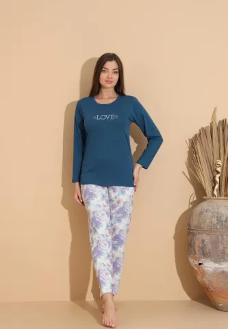 Pijama damă cu pantaloni cu imprimeu floral și bluză „Love”, bleumarin