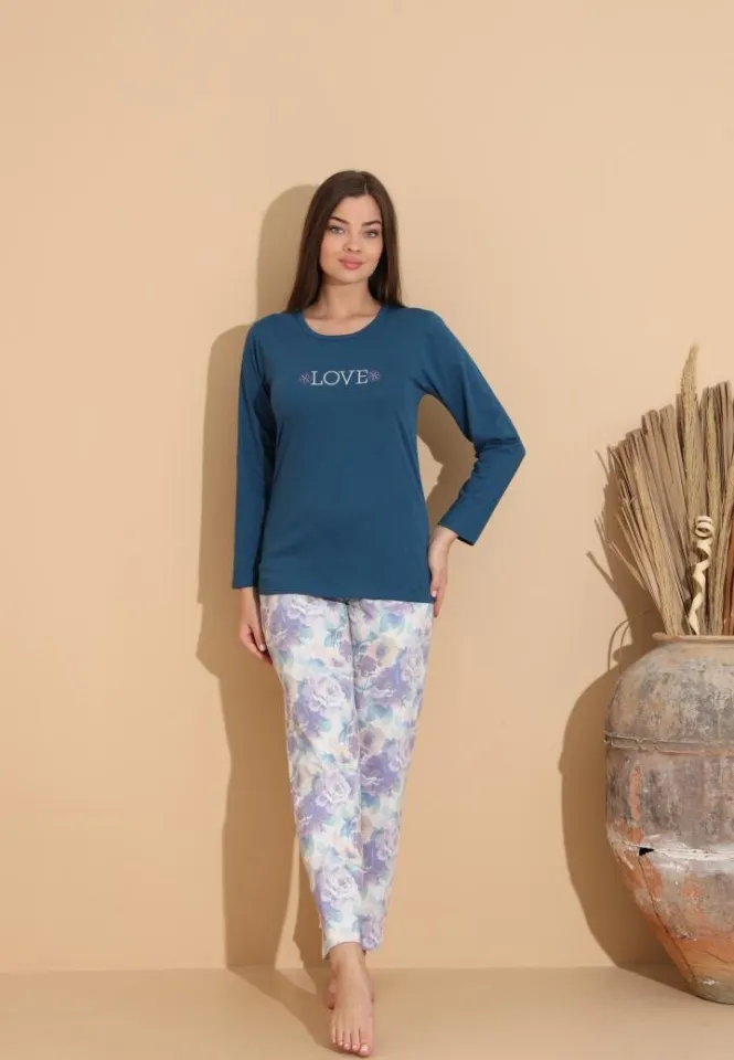 Pijama damă cu pantaloni cu imprimeu floral și bluză „Love”, bleumarin