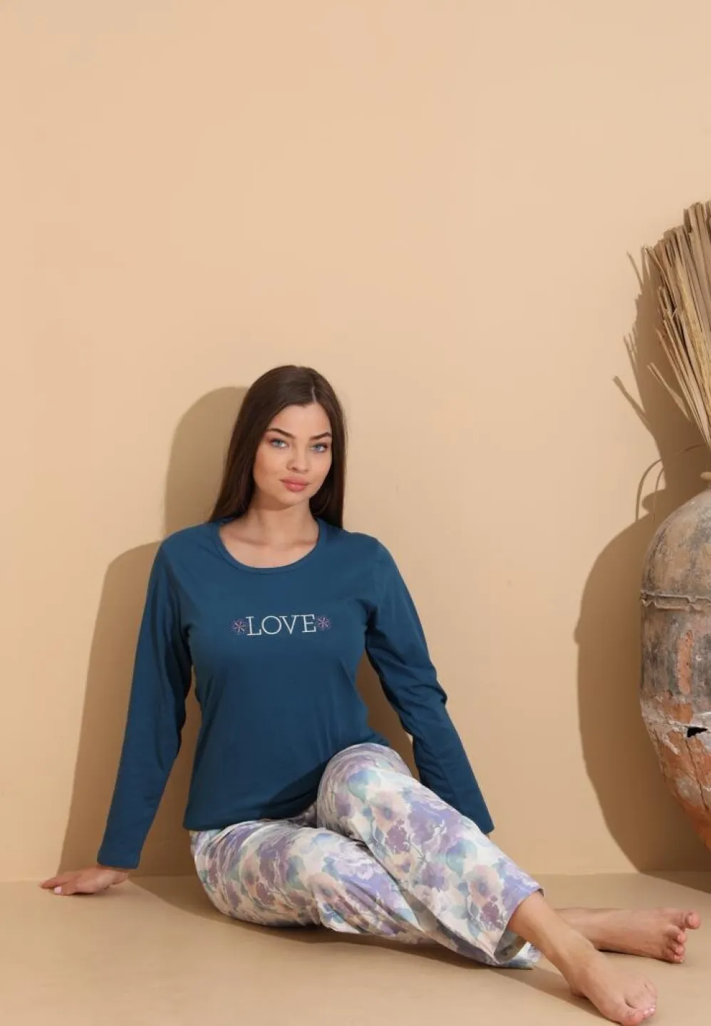 Pijama damă cu pantaloni cu imprimeu floral și bluză „Love”, bleumarin - 3