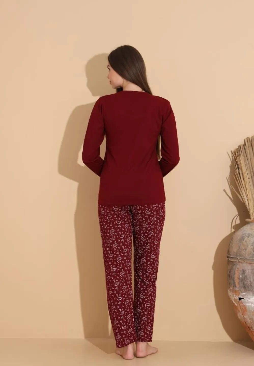Pijama damă cu pantaloni cu imprimeu flamingo și bluză „Our Family”, visiniu bordo - 2