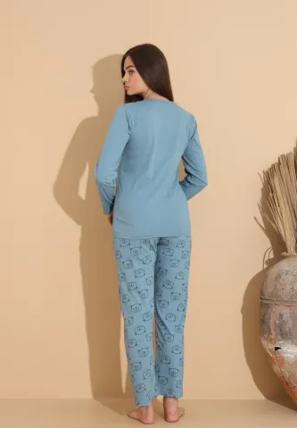 Pijama damă cu pantaloni cu imprimeu ursuleți și bluză „Cute” cu ursuleț, albastru deschis hover