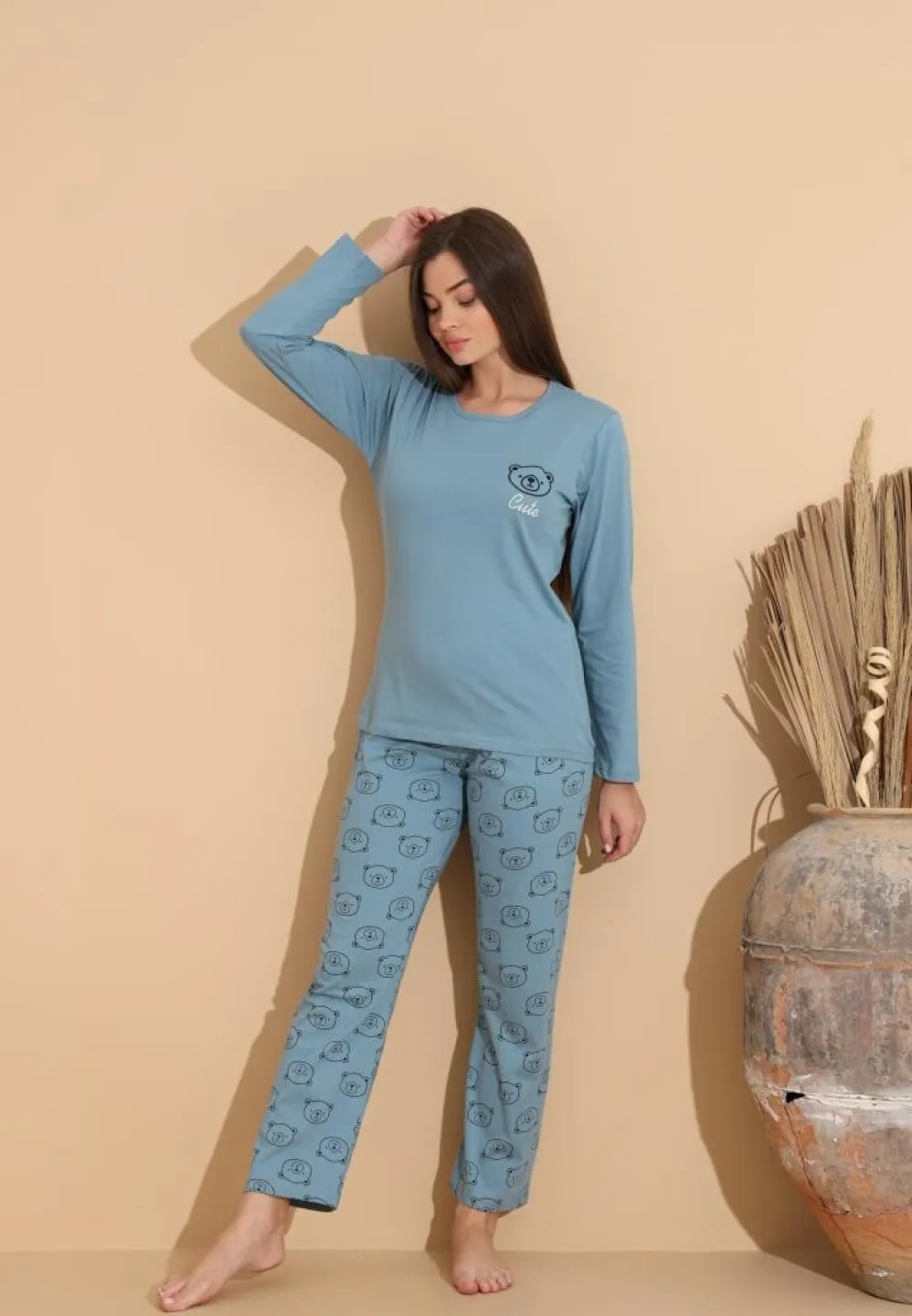 Pijama damă cu pantaloni cu imprimeu ursuleți și bluză „Cute” cu ursuleț, albastru deschis - 3