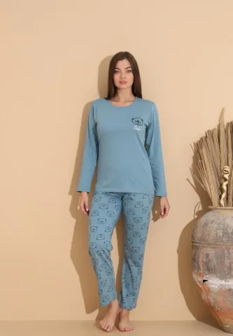Pijama damă cu pantaloni cu imprimeu ursuleți și bluză „Cute” cu ursuleț, albastru deschis