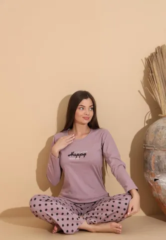 Pijama damă cu pantaloni lungi cu buline și bluză „HAPPY” mov hover