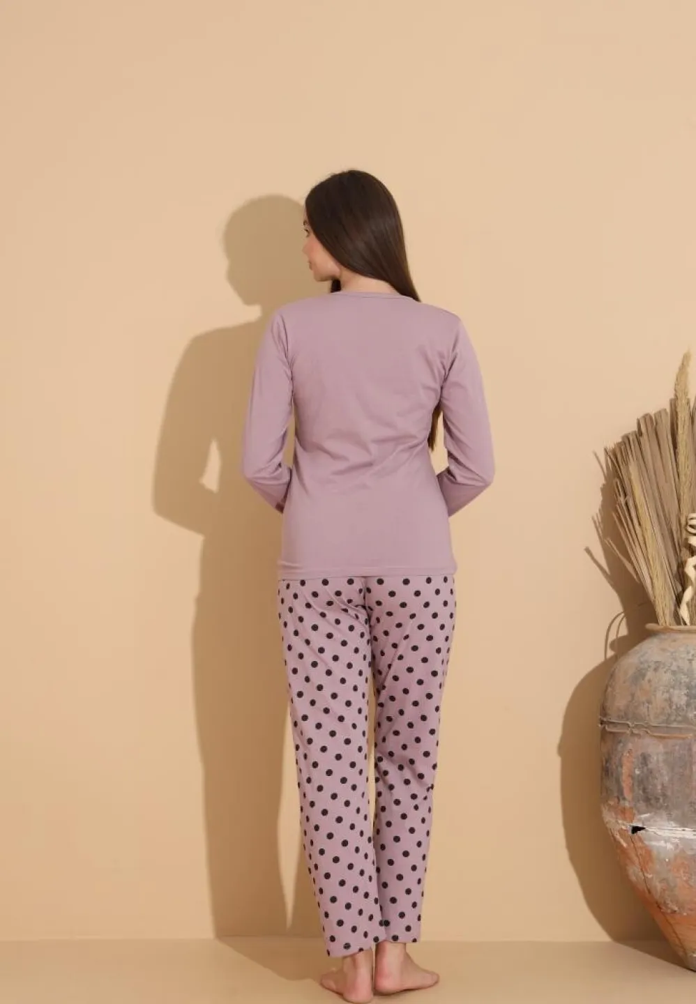 Pijama damă cu pantaloni lungi cu buline și bluză „HAPPY” mov - 3