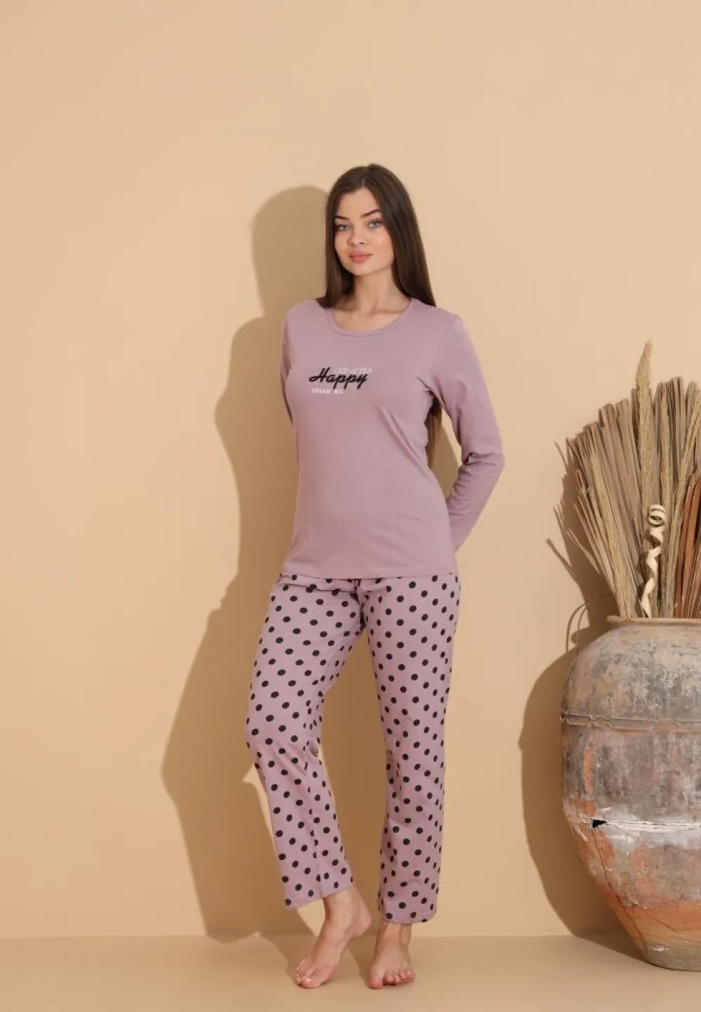 Pijama damă cu pantaloni lungi cu buline și bluză „HAPPY” mov - 4