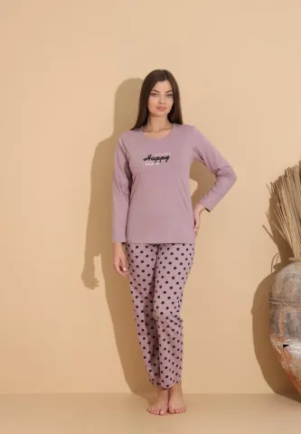 Pijama damă cu pantaloni lungi cu buline și bluză „HAPPY” mov