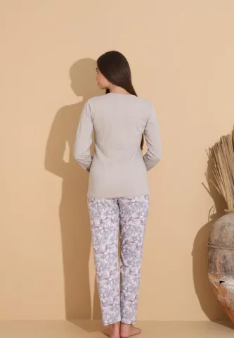 Pijama damă cu pantaloni lungi floral și bluză „Yachting Club” gri hover