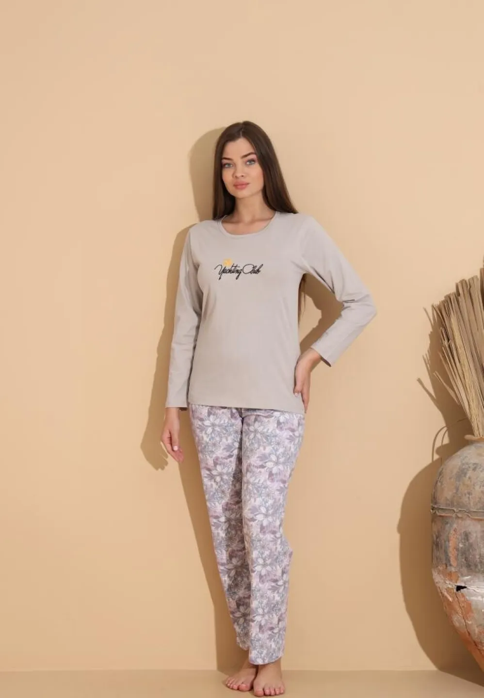 Pijama damă cu pantaloni lungi floral și bluză „Yachting Club” gri - 3