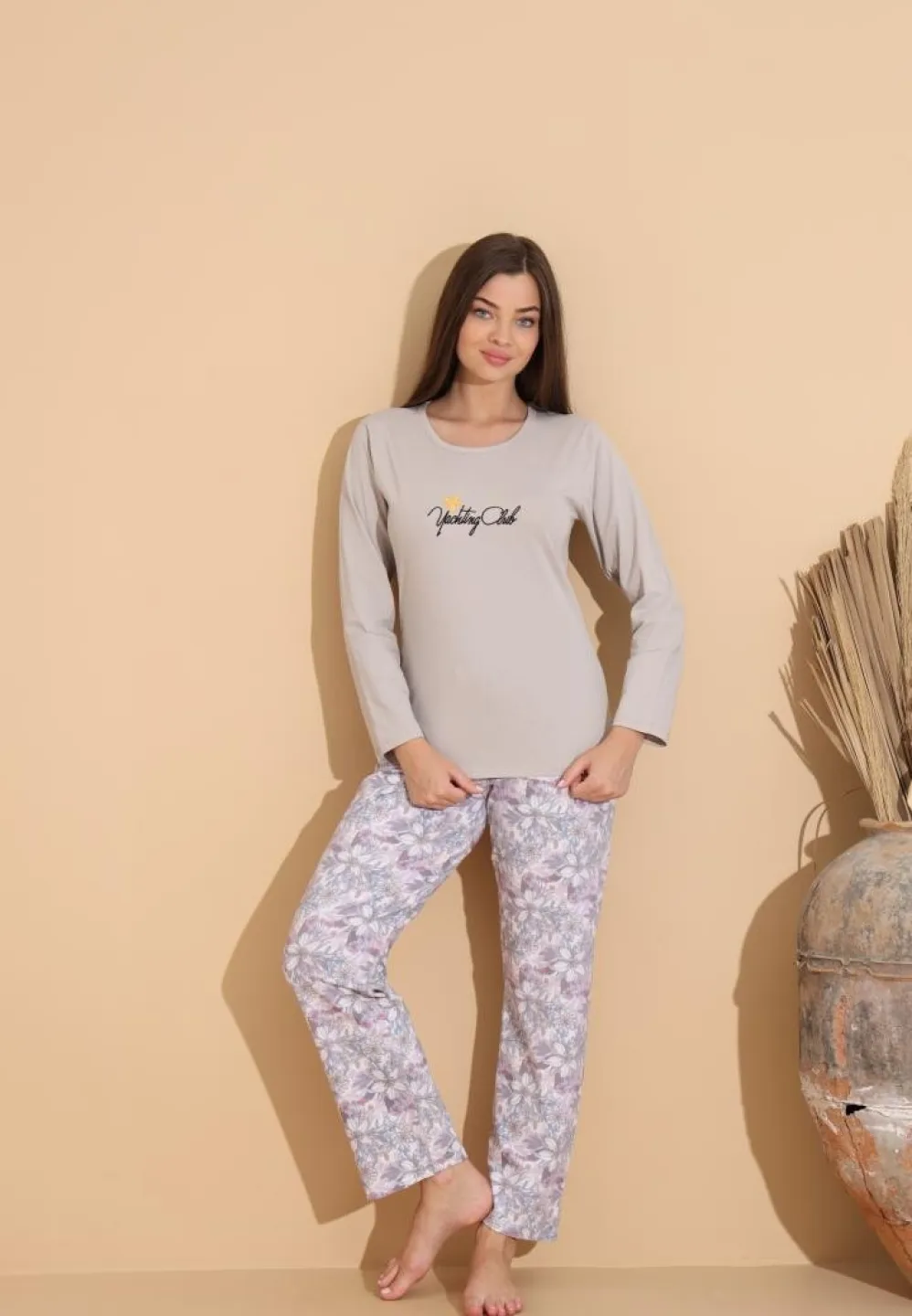 Pijama damă cu pantaloni lungi floral și bluză „Yachting Club” gri - 1