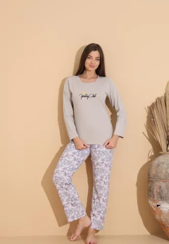 Pijama damă cu pantaloni lungi floral și bluză „Yachting Club” gri