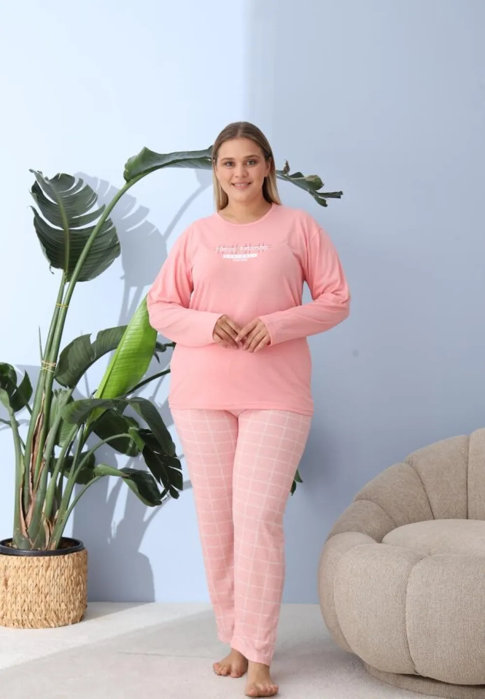 Pijama damă cu pantaloni și mânecă lungă, marim mare, „HAPPY SATURDAY” - 3