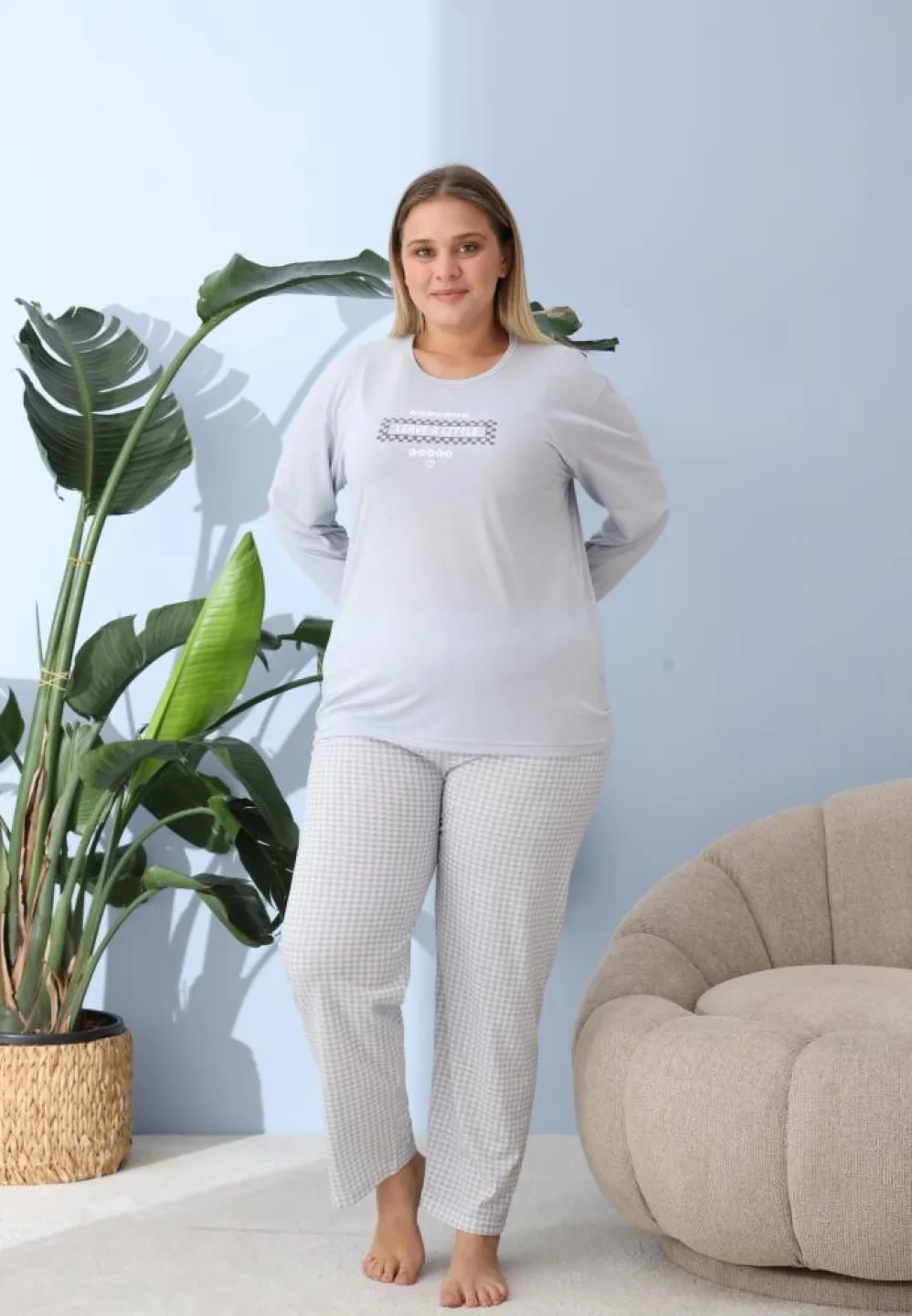 Pijama damă cu pantaloni și mânecă lungă, Big Size, „LEAVE A LITTLE”, blue - 3