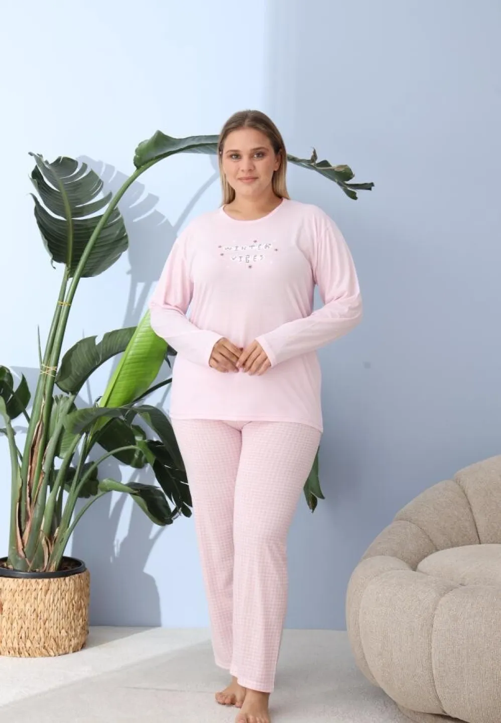 Pijama damă cu pantaloni și mânecă lungă, Big Size, „WINTER VIBES”, roz - 2