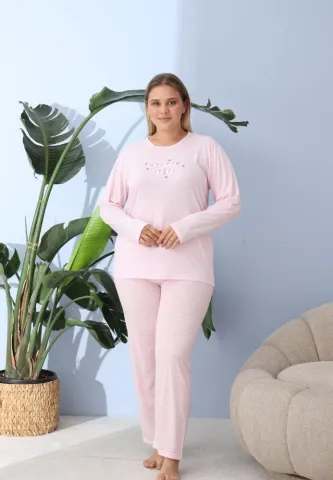 Pijama damă cu pantaloni și mânecă lungă, Big Size, „WINTER VIBES”, roz hover