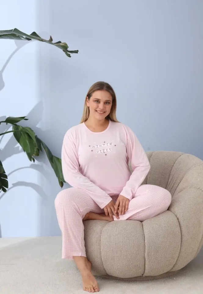 Pijama damă cu pantaloni și mânecă lungă, Big Size, „WINTER VIBES”, roz
