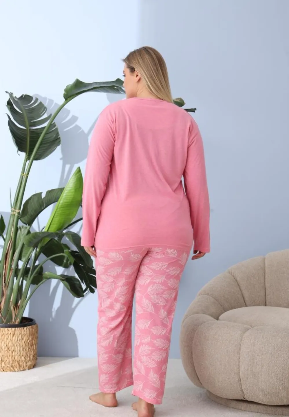Pijama damă cu pantaloni și mânecă lungă, Big Size, „My best Life”, roz - 2