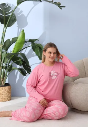 Pijama damă cu pantaloni și mânecă lungă, Big Size, „My best Life”, roz
