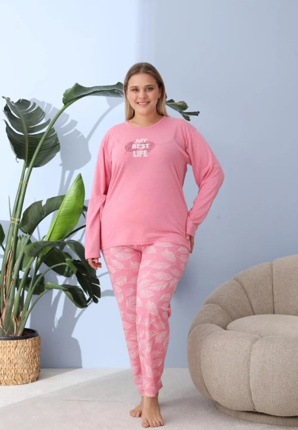 Pijama damă cu pantaloni și mânecă lungă, Big Size, „My best Life”, roz - 3