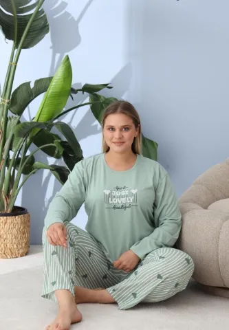 Pijama damă cu pantaloni și mânecă lungă, Big Size, „JUST LOVELY”, verde