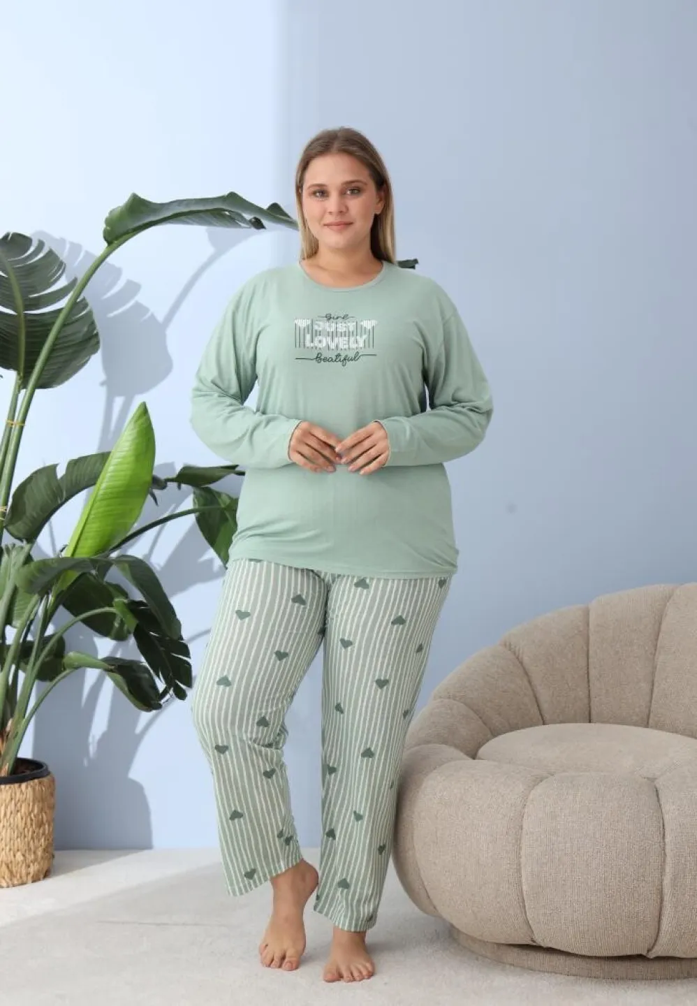 Pijama damă cu pantaloni și mânecă lungă, Big Size, „JUST LOVELY”, verde - 3
