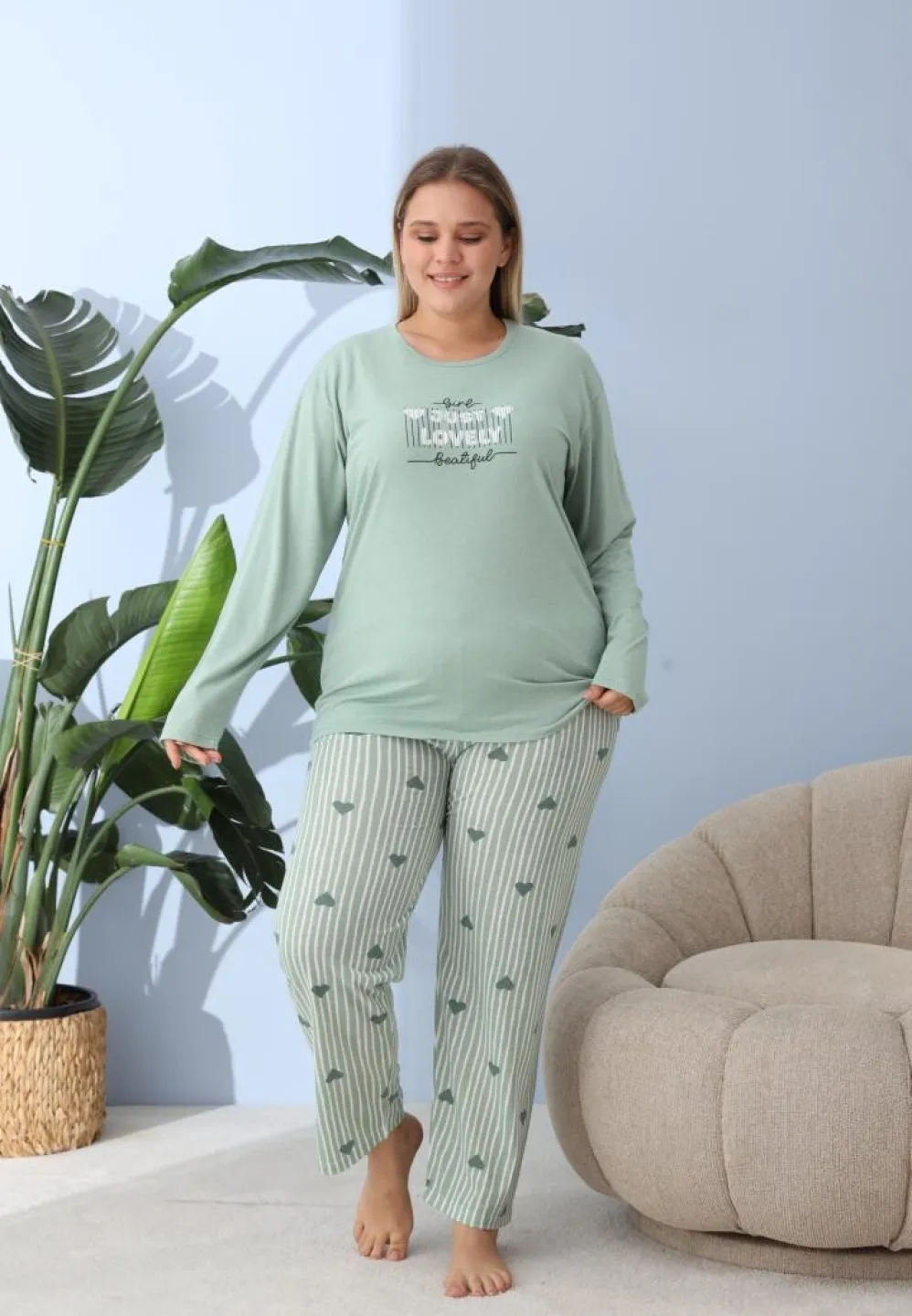 Pijama damă cu pantaloni și mânecă lungă, Big Size, „JUST LOVELY”, verde - 4