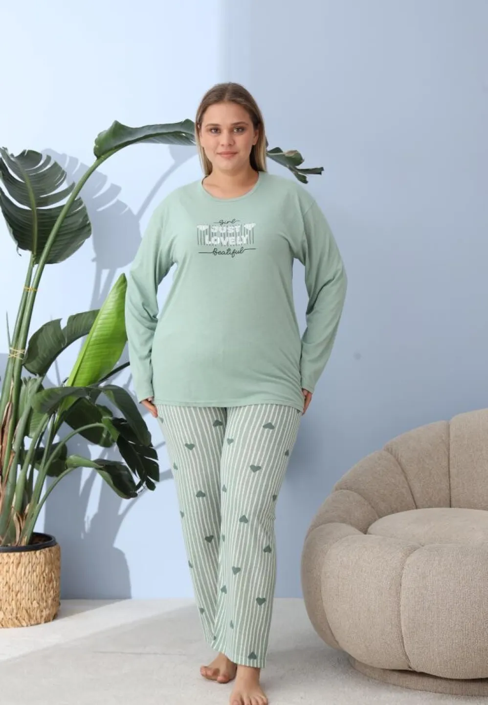Pijama damă cu pantaloni și mânecă lungă, Big Size, „JUST LOVELY”, verde - 5