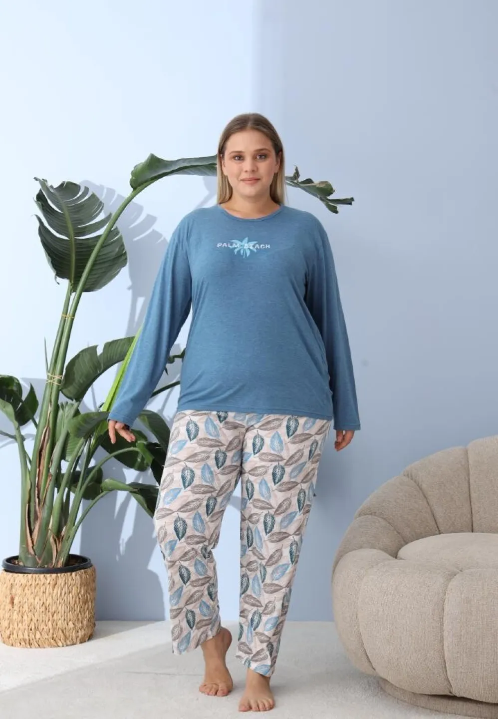 Pijama damă cu pantaloni și mânecă lungă, Big Size, „PLAM BEACH”, albastru - 2