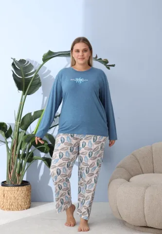 Pijama damă cu pantaloni și mânecă lungă, Big Size, „PLAM BEACH”, albastru hover