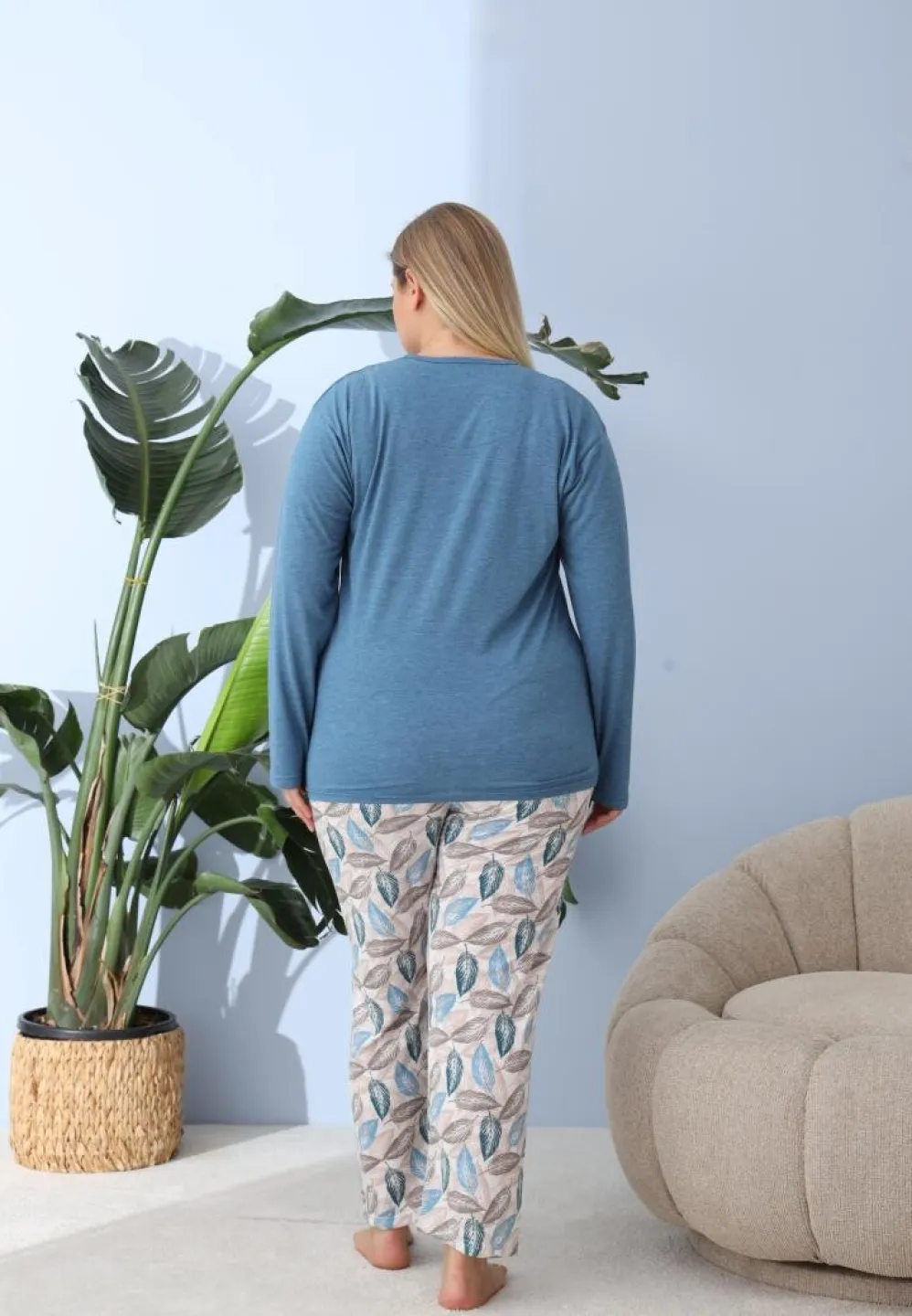 Pijama damă cu pantaloni și mânecă lungă, Big Size, „PLAM BEACH”, albastru - 3
