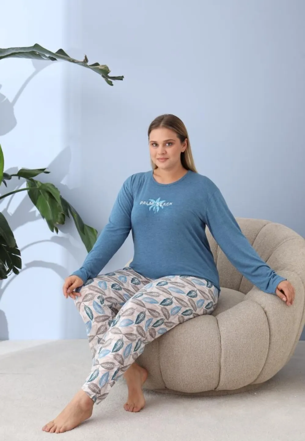 Pijama damă cu pantaloni și mânecă lungă, Big Size, „PLAM BEACH”, albastru - 1