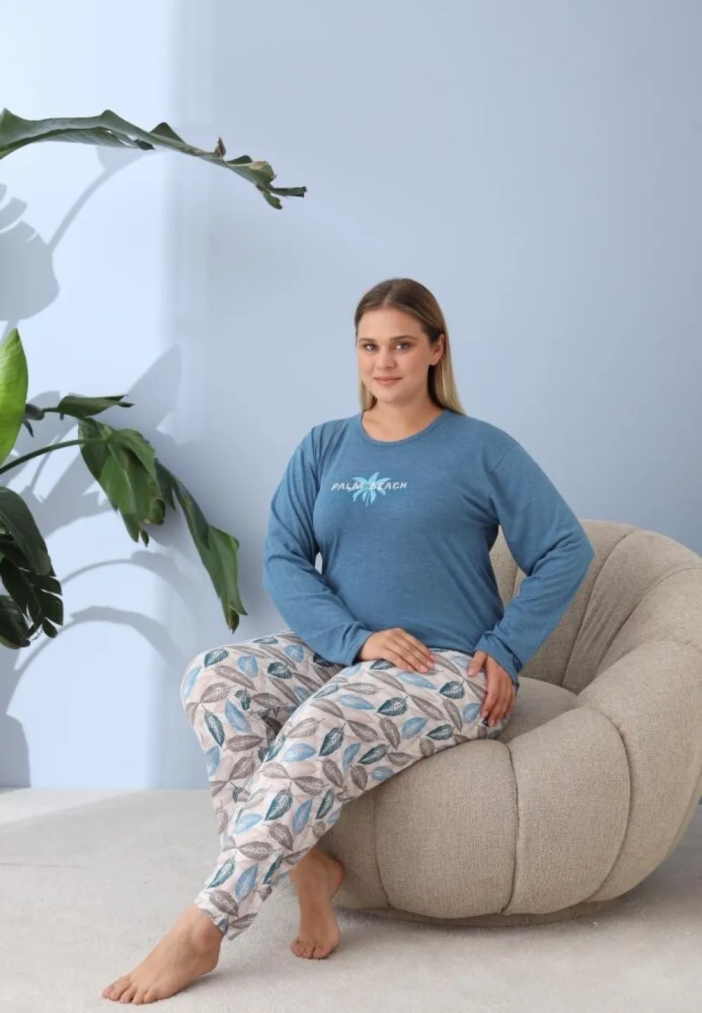Pijama damă cu pantaloni și mânecă lungă, Big Size, „PLAM BEACH”, albastru - 4