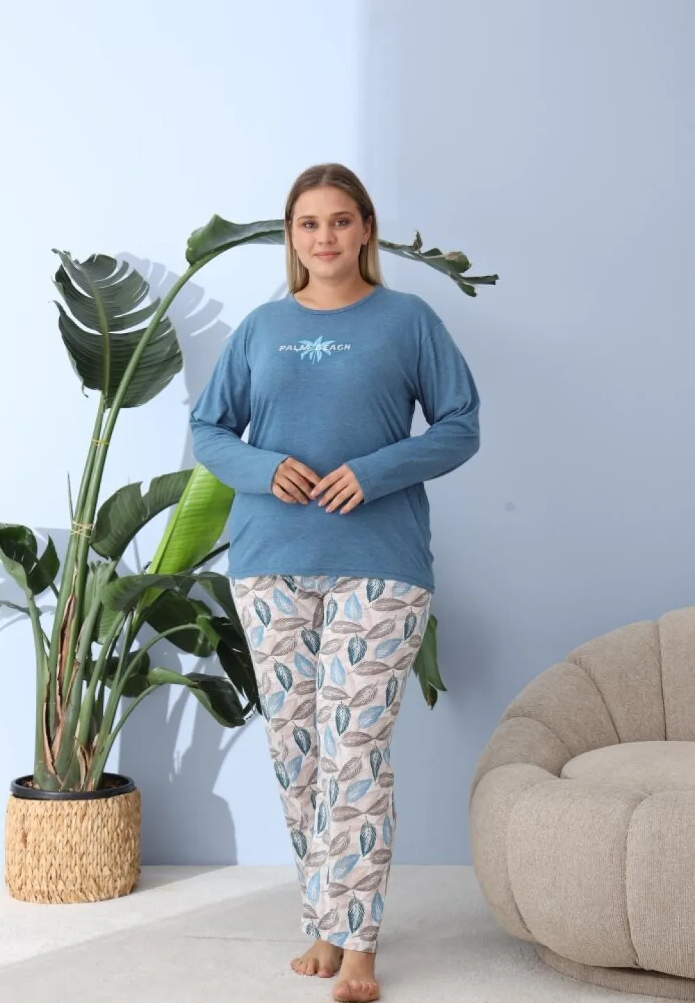 Pijama damă cu pantaloni și mânecă lungă, Big Size, „PLAM BEACH”, albastru - 5
