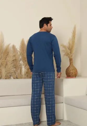 Pijama bărbați cu pantaloni lungi și mânecă lungă, albastru, cu buzunare hover