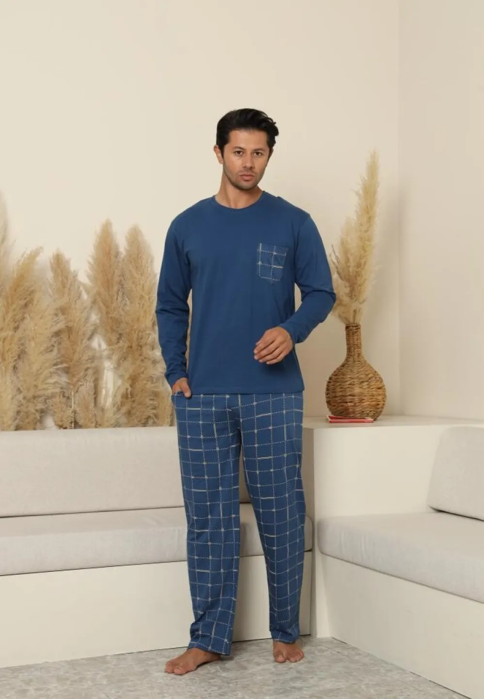 Pijama bărbați cu pantaloni lungi și mânecă lungă, albastru, cu buzunare - 1
