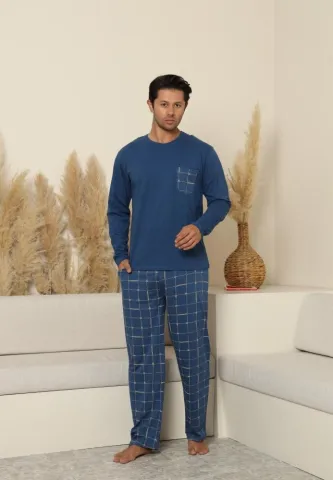 Pijama bărbați cu pantaloni lungi și mânecă lungă, albastru, cu buzunare